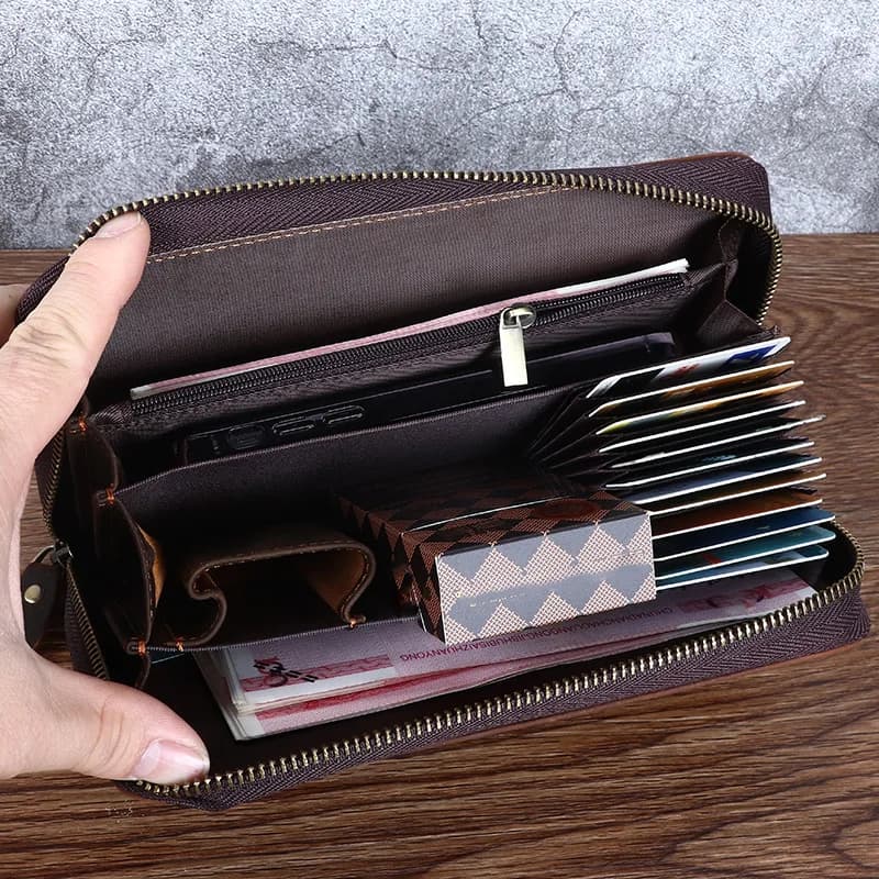 Long Wallet Crazy Top Layer Cowhide Leather Men's Wallet Vintage Style Handbag Trendy Genuine Leather Fashion Accessory