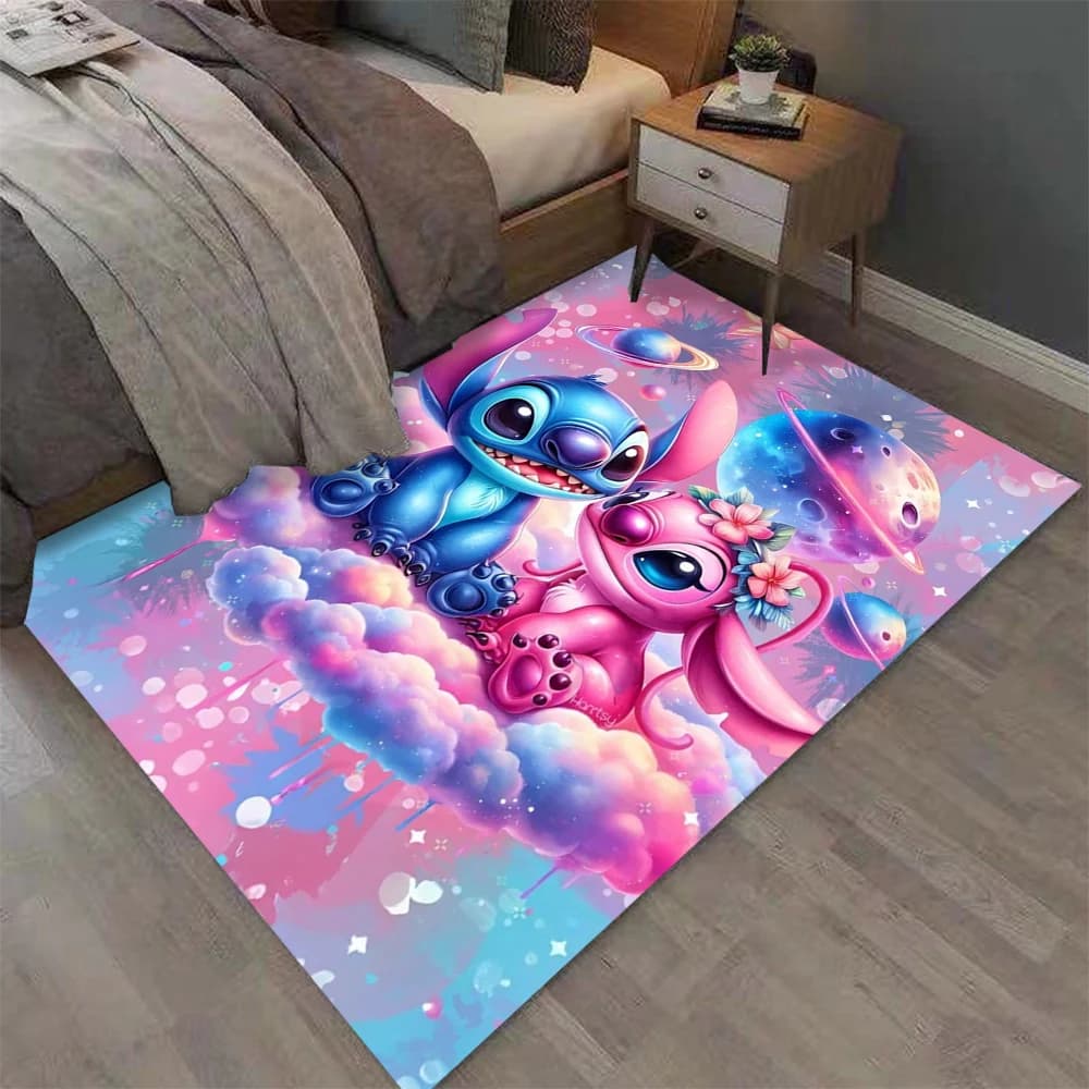 Disney Cute Stitch & Angel Printed Area Rug Non-slip Floor Mat For Kids Bedroom Playroom Perfect For Cartoon Themed Home Decor