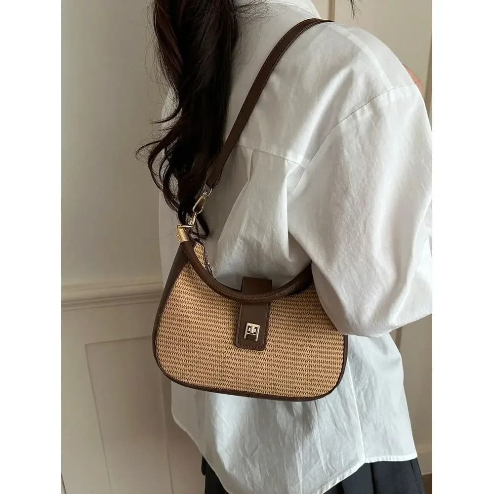 Borsa da pendolare personalizzata, borsa a tracolla da donna con design patchwork, borsa tote intrecciata, borsa a spalla casual versatile per il tempo libero