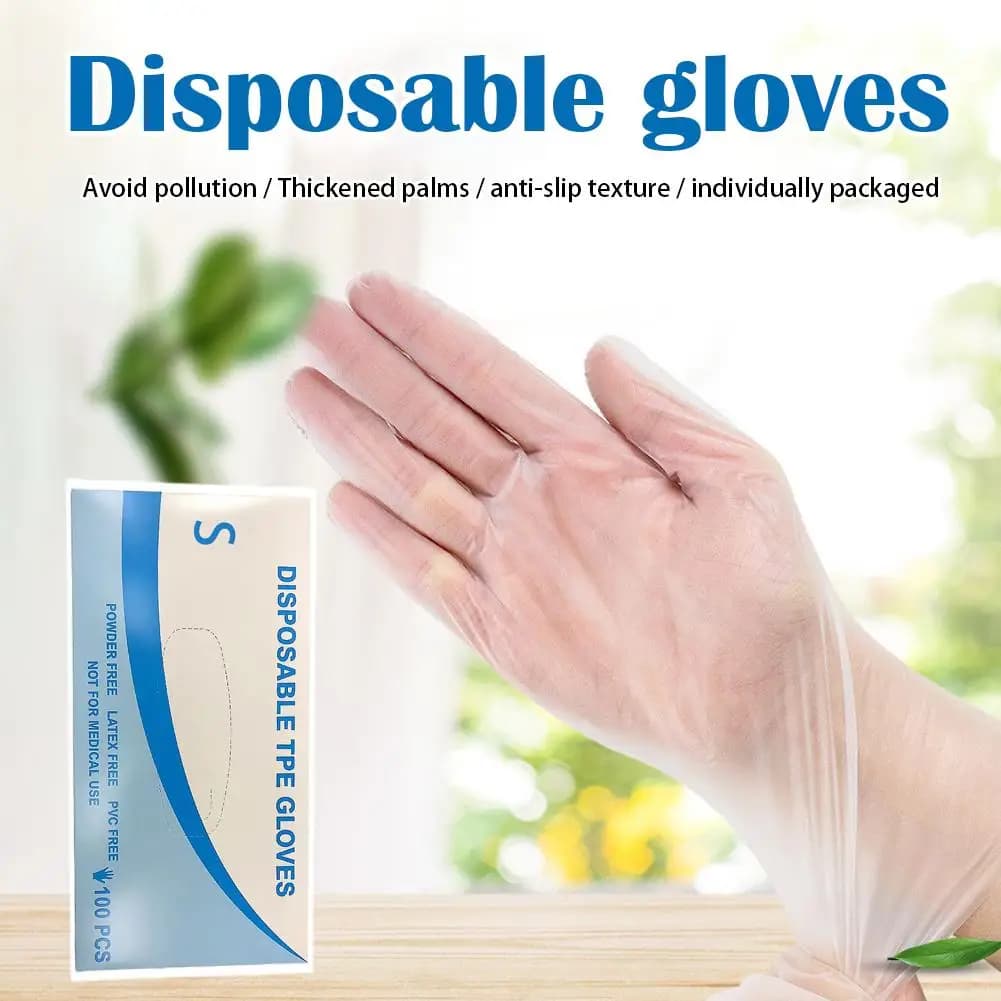 100pcs/set Disposable TPE Gloves Transparent Non-Slip Acid Work Safety Food Grade Household Cleaning Gloves for Home Kitchen