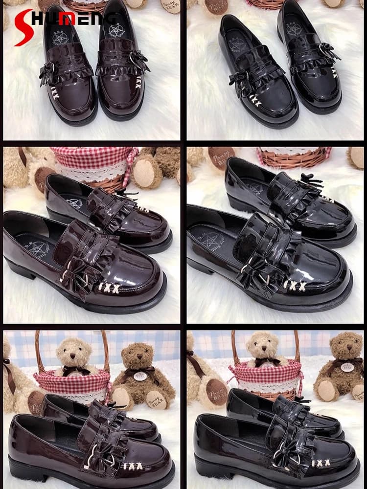 Original Japanese style Preppy JK uniform shoes heel low tip round bowknot brilliant PU sweet versatile moccassini woman shoes Lolita
