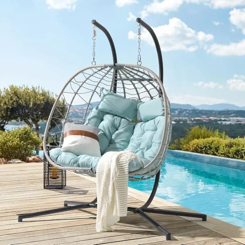 Sedia a dondolo a forma di uovo Patiorama per 2 persone con supporto, per interni ed esterni, sedia a dondolo in vimini e rattan con cuscino e guanciale
