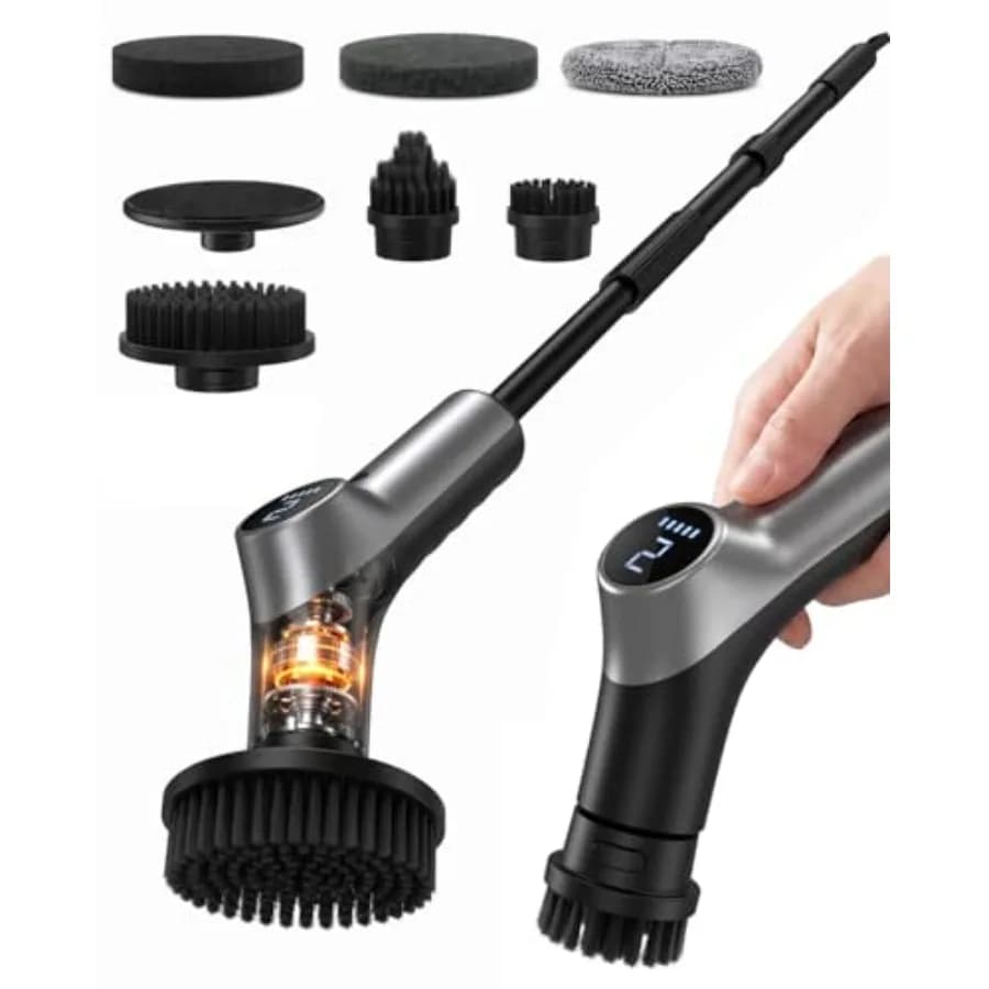 Electric Spin Scrubber for Bathroon, IPX7 Cordless Cleaning Brush with 6 Replaceable Brush Heads, 120 Mins Runtime Power Shower