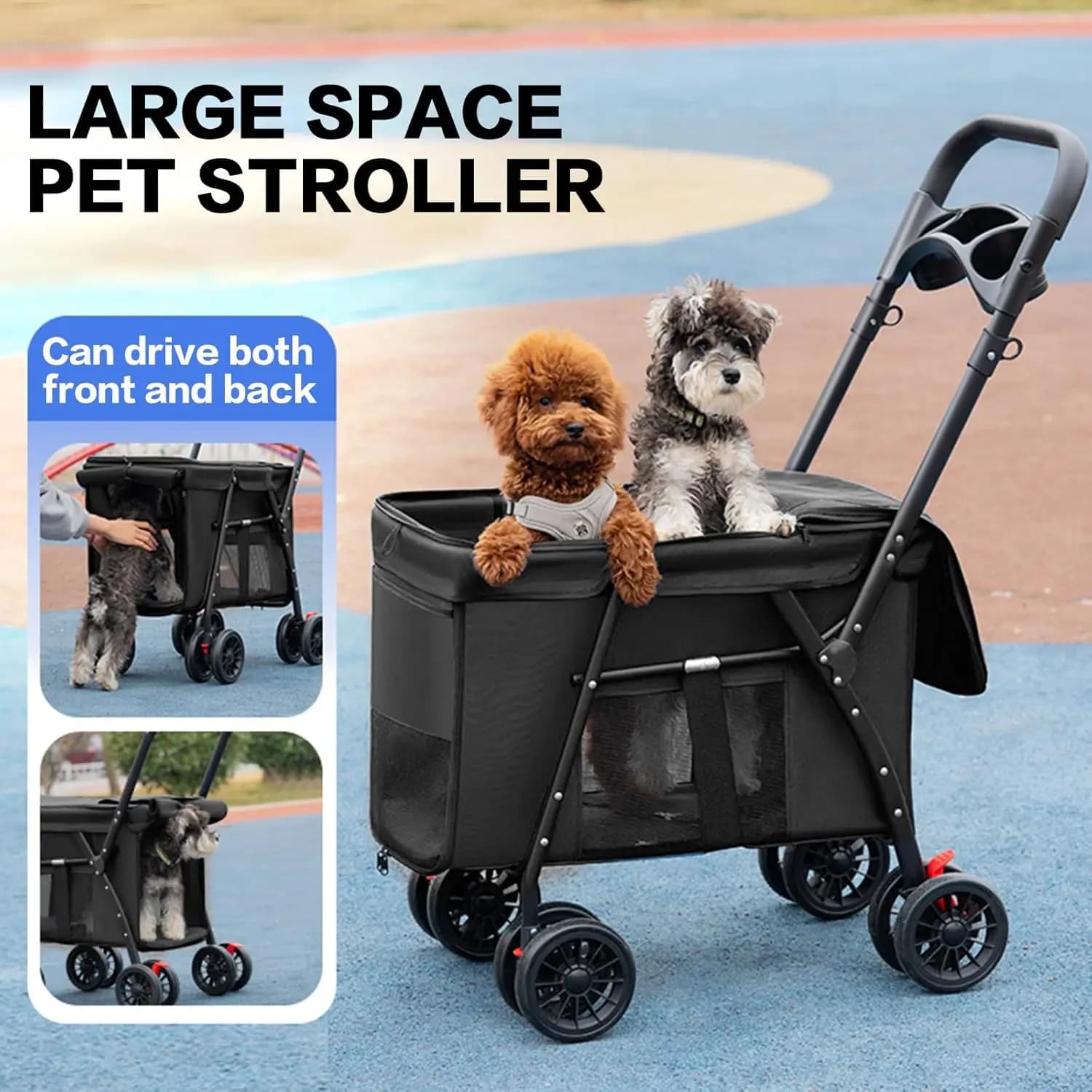 Collapsible Dog Stroller with Wheels Foldable Pet Wagon Cart for Cats Carrier Stroller Breathable Visible Mesh for Multiple Pets