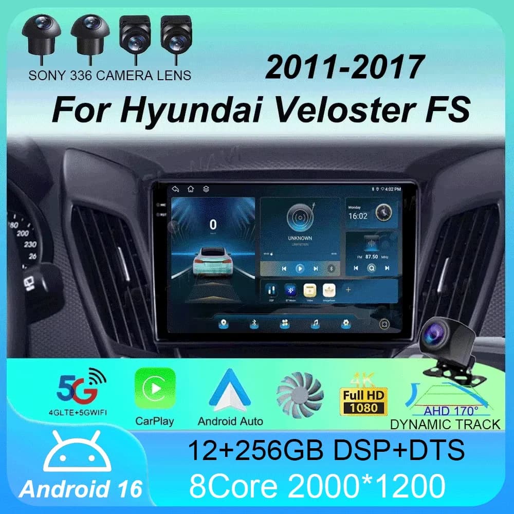 Autoradio Android 16 con Carplay per Hyundai Veloster FS 2011-2017, Navigatore Multimediale Stereo WiFi+4G BT DVD con Telecamera 360