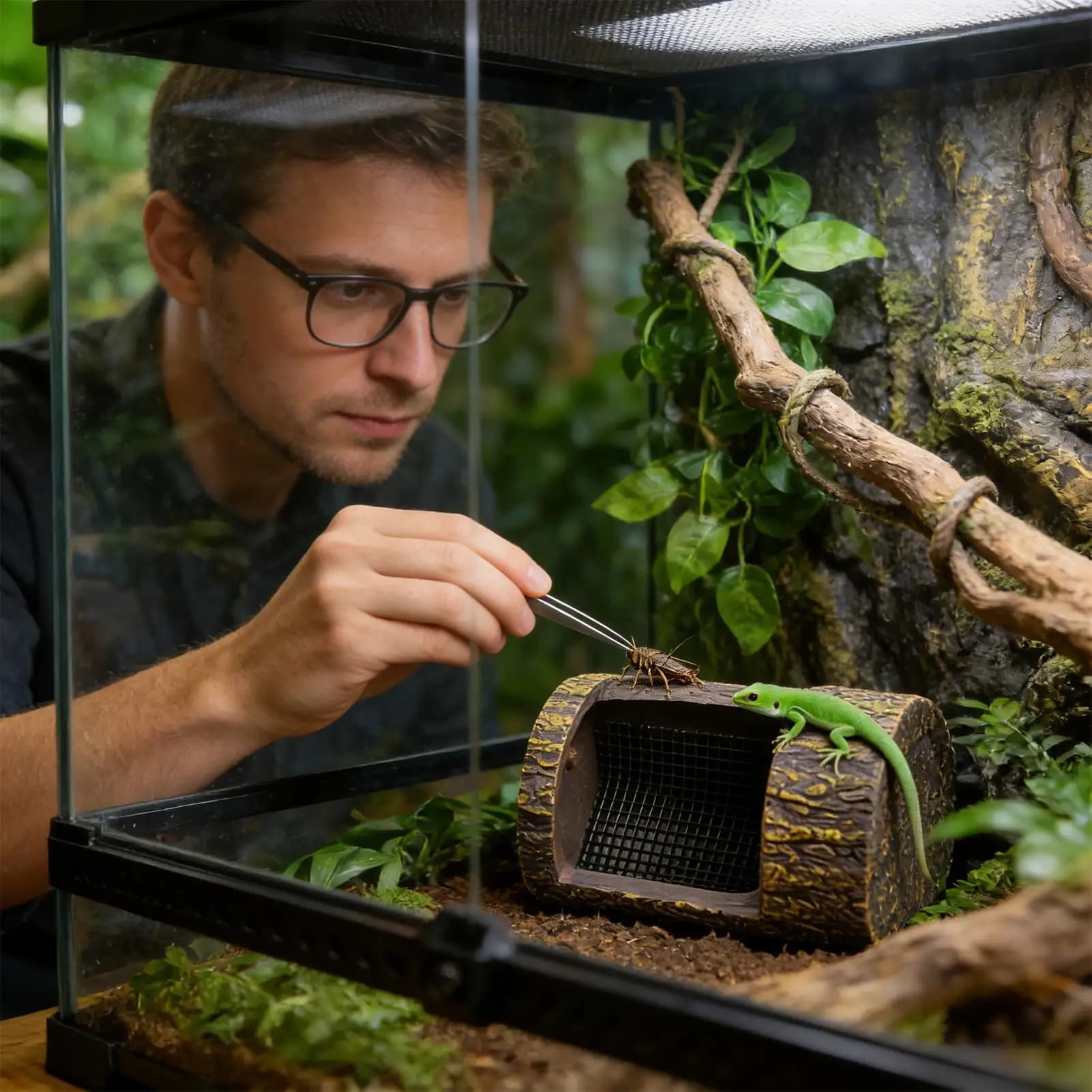 Scatola per mangiatoia per rettili Ciotola per alimenti anti-fuga Design simulato di ceppo di albero Accessori per rettili per habitat con ganci per piccoli animali domestici