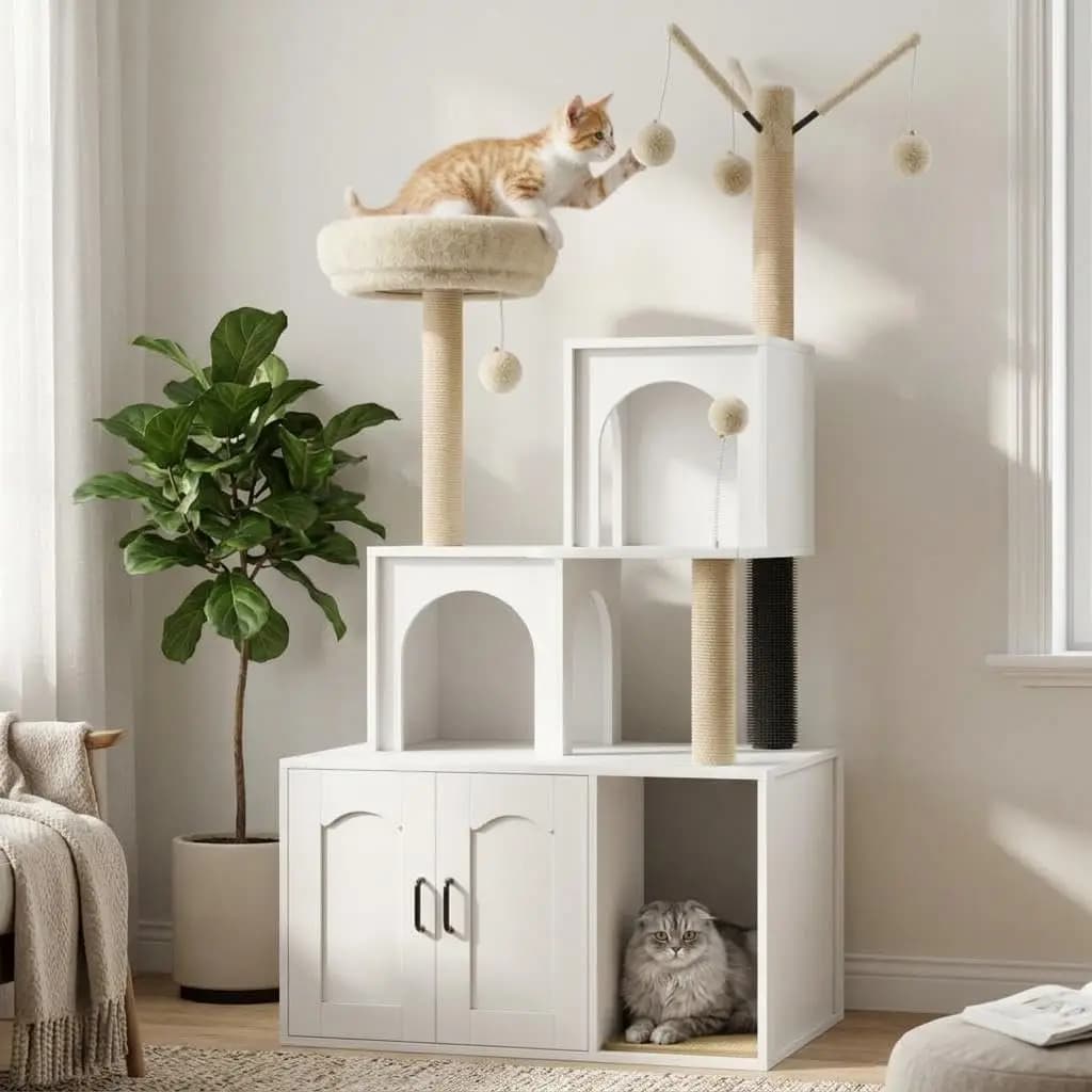 Cat Tree with Litter Box Enclosure, Modern Cat Tower,2-in-1 Wooden Cat Condo with Scratching Posts, Storage, Cave,Pompoms,Washab