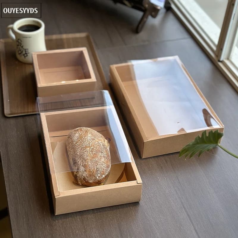Confezione regalo da 10 pezzi con coperchio in PVC trasparente, scatola per imballaggio in carta, cassetto rettangolare, scatola per biscotti, caramelle, di grandi dimensioni