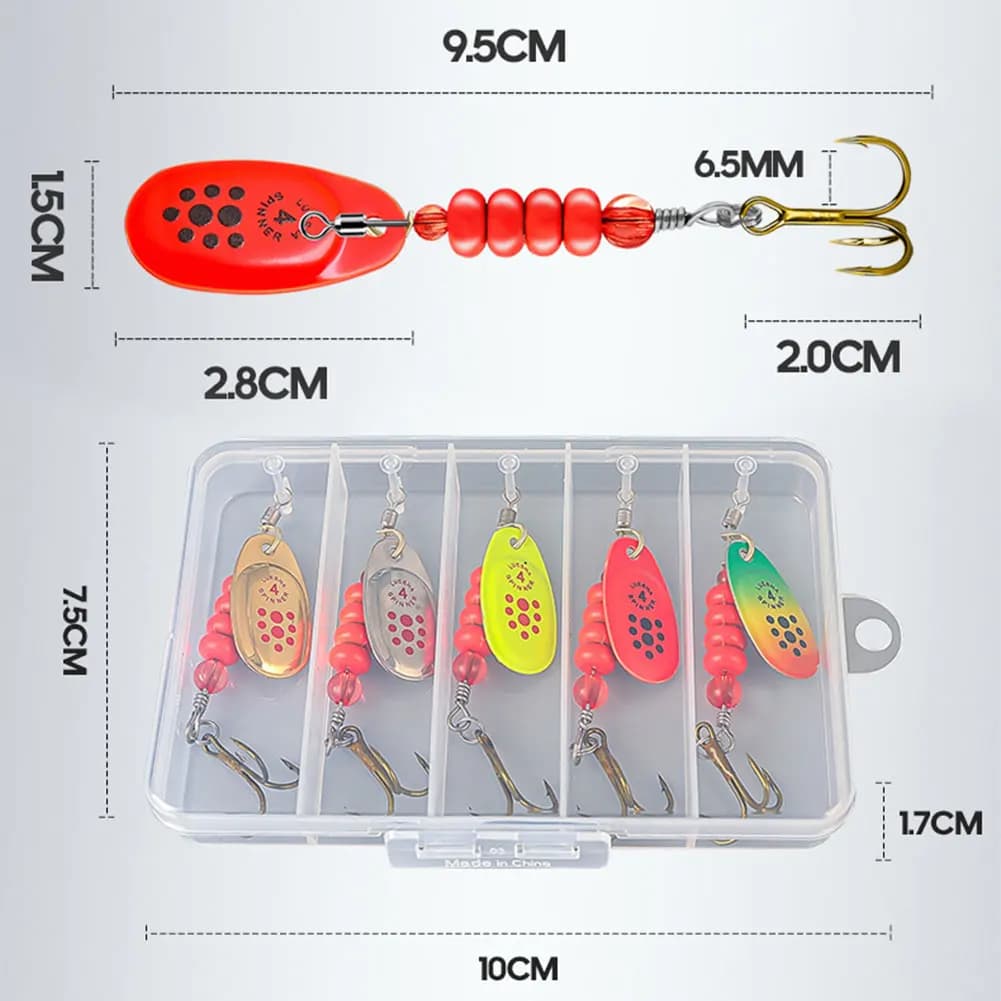 Set di 5 Esche Metalliche Rotanti con Scatola Porta Attrezzi, Esche Artificiali per la Pesca di Lucci, Salmoni e Pesci di Mare