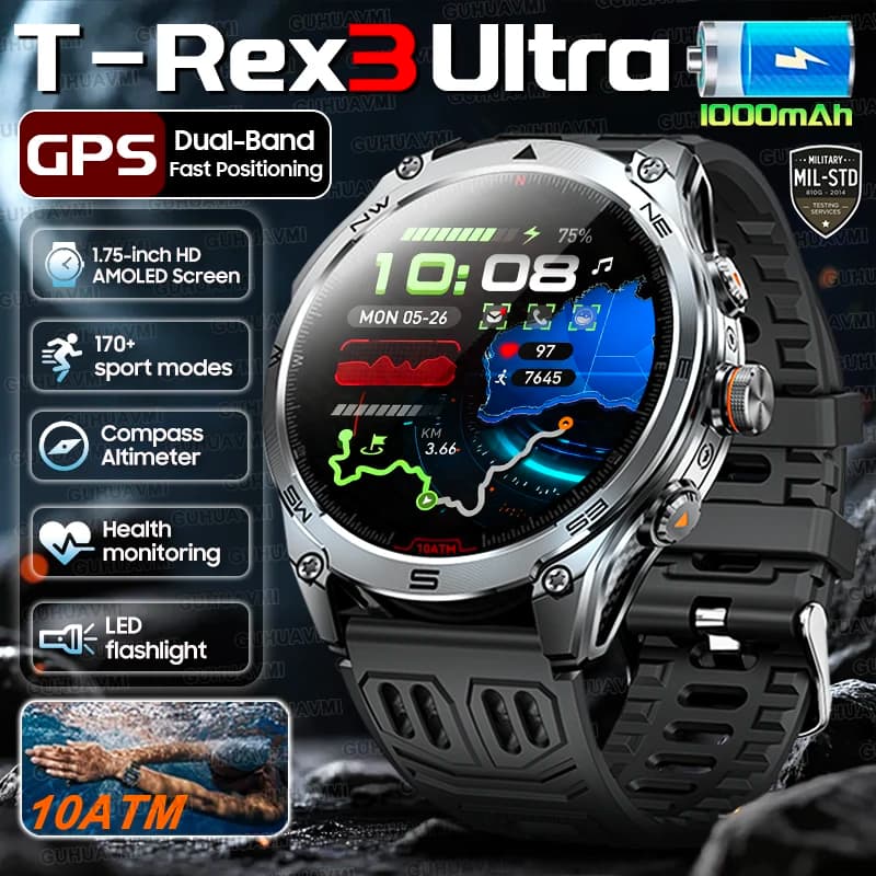 2025 Nuovo Militare T-Rex 3 Ultra GPS Astuto Della Vigilanza 1000mAh Batteria 10ATM Bussola Impermeabile Torcia Elettrica Sport trackr Smartwatch Da Uomo