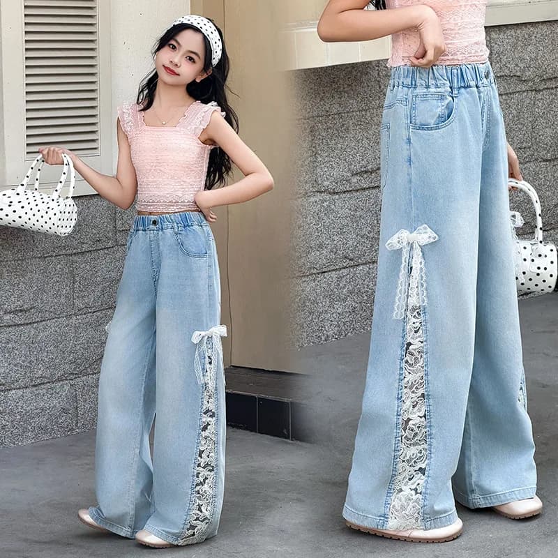 Jeans alla Moda per Bambine con Fiocco e Pizzo sui Lati, Pantaloni in Denim per Ragazze Adolescenti, Pantaloni Estivi a Gamba Larga per Bambini