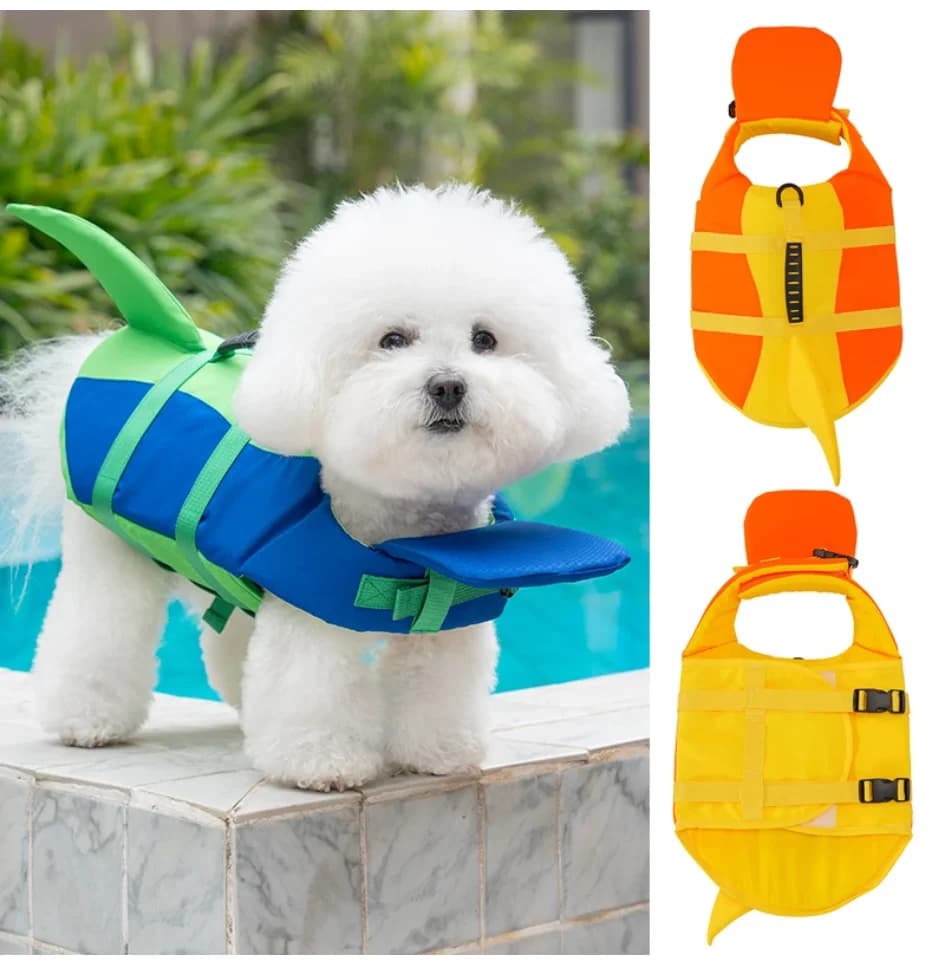 Dog Life Jacket, Cute Shark Dog Life Vest for Swimming Boating with Superior Buoyancy and Rescue Handle, Adjustable Floating