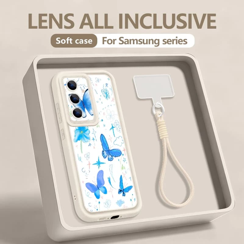 Custodia per telefono con motivo a farfalle blu per Samsung Galaxy S26 S25 S24 Ultra S23 S25 FE A57 A37 A17 A56 A27 A16 A55 A54 con cordino