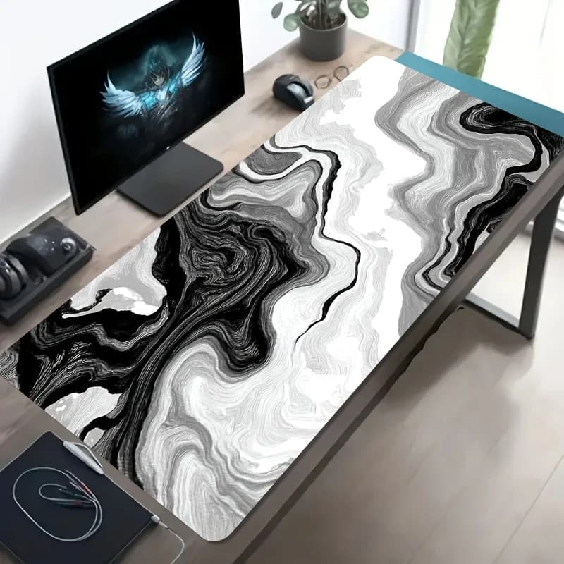 XXL Large Black White Abstract Flowing Art Gaming Mouse Pad - Non-Slip Washable Rubber Base Desk Mat, Stain-Resistant