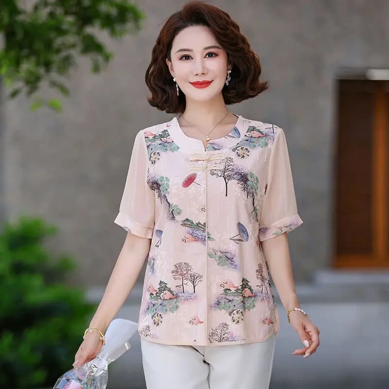 Women's New Style Spliced round Neck Button Printed Fashionable Short-sleeved T-shirt New Chinese Top