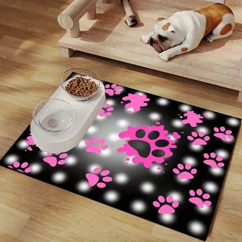 Tappetino per l'alimentazione degli animali domestici con motivo a osso e zampa di cane, design colorato con impronte rosa e zampa, perfetto per cani e gatti