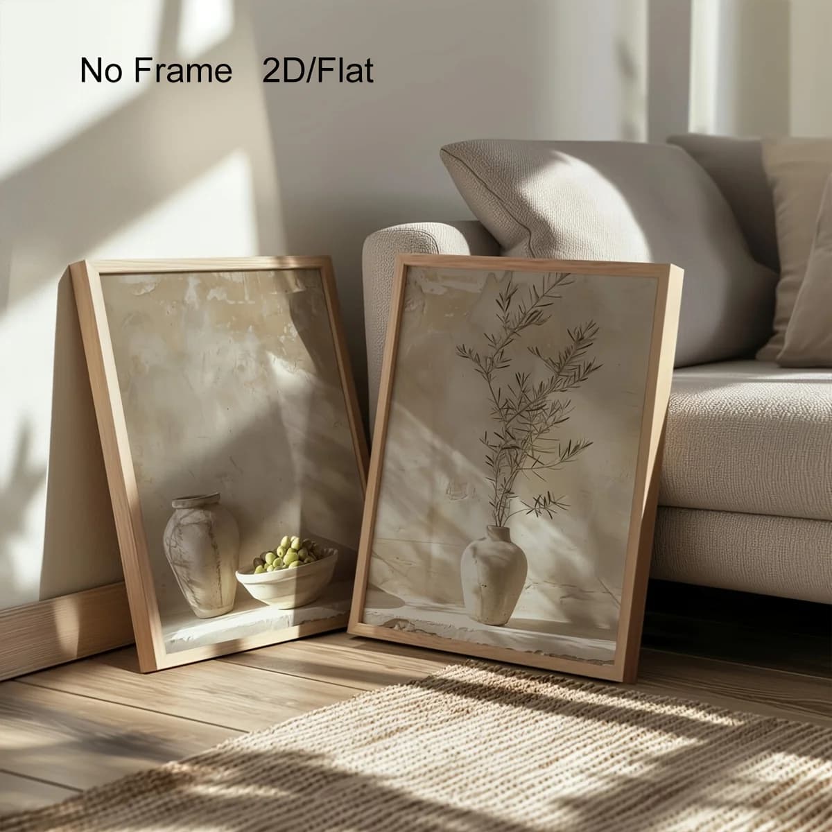 Set di 2 quadri da parete con natura morta di olive mediterranee, stampe su tela neutre per cucina, decorazione con vaso rustico beige e ramo d'olivo