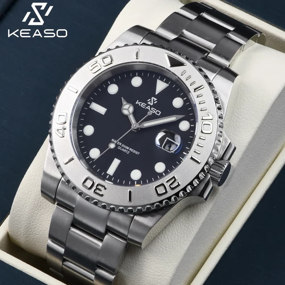 KEASO New Men's Underwater Watch with Sapphire Glass, MIYOTA Quartz Movement 2115, Waterproof 200M, Bright BGW-9, Steel 316L