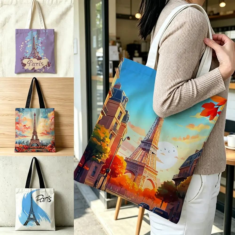 Pattern Eiffel Tower Storage Bags Polyester Canvas Foldable Tote Bag Lightweight Reusable Shopping Shoulder Bag