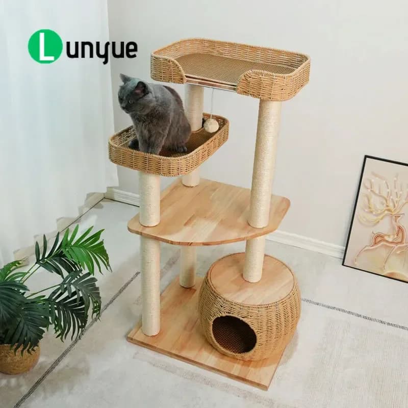 Solid Wood Cat Tree with Woven Sisal Posts Large Multi Layer Cat Climbing Frame Integrated Cat Nest Shelf Furniture Toys