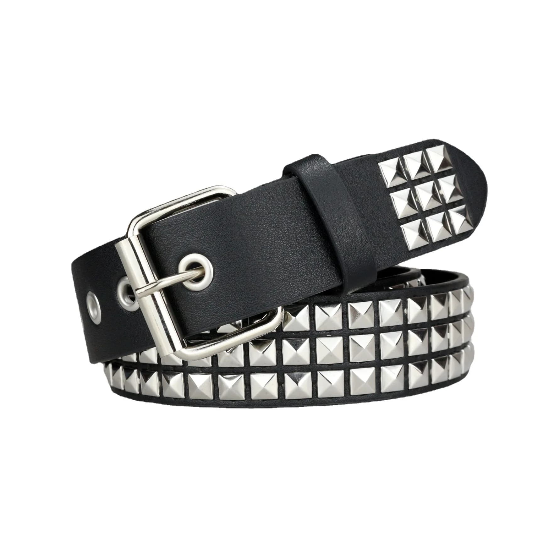 Cintura con borchie Uomo Donna Punk Piramide Fibbia quadrata Cintura a catena Rivetto in pelle incollata Cintura in pelle nera Cintura per jeans