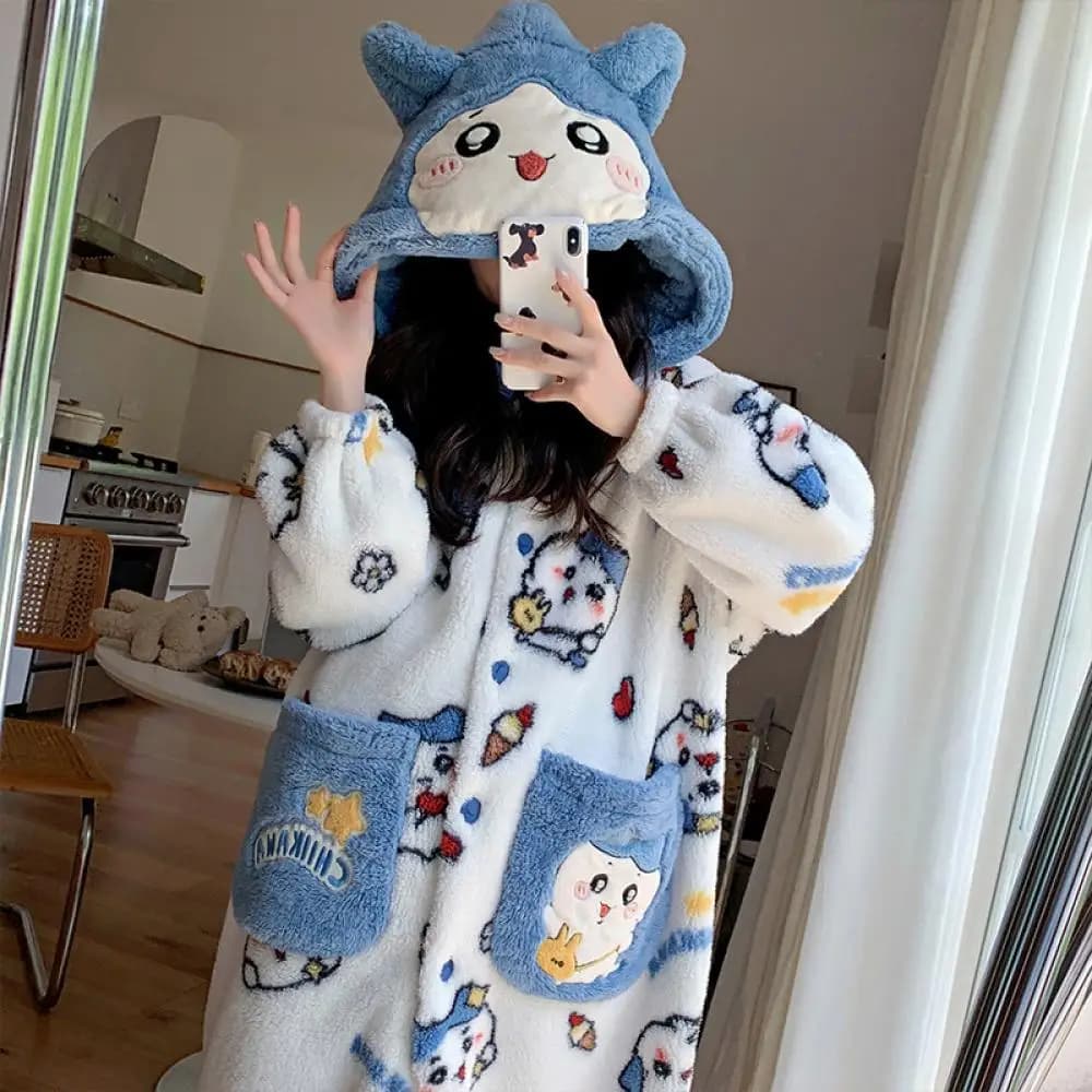 2 pieces Kawaii Chiikawa women's plush pajamas Set velvet coral winter long velvet thickened bathrobe with hood plush clothes for gift home