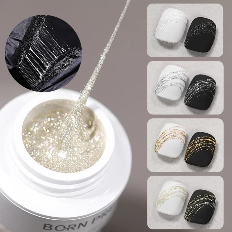 BORN PRETTY Gel per Unghie Argento Scintillante 5 ml, Smalto UV per Pittura a Filo Nero e Bianco, Forniture per Nail Art