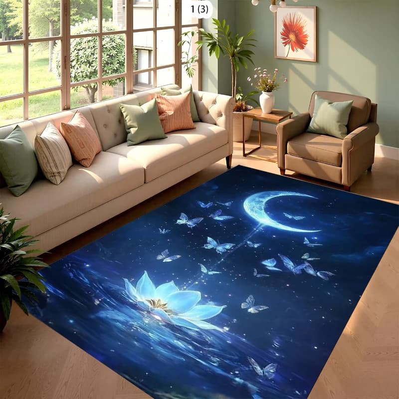 Tappeto Area Dreamy Moon Butterfly Lotus Antiscivolo Lavabile Stampa Notte Stellata per Soggiorno Camera Bambini Arredo Fantasioso Minimalista