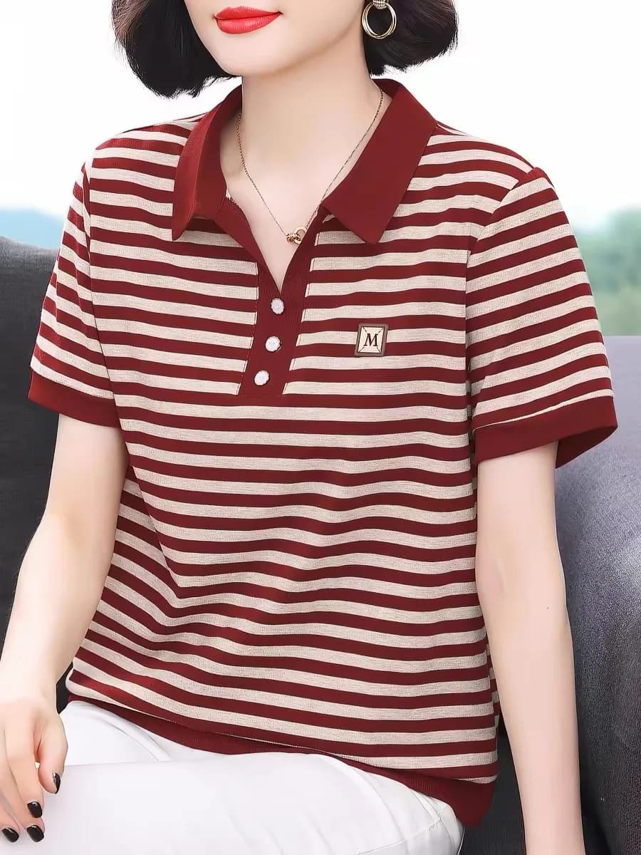 Women's Pure Cotton Striped Short Sleeve T-Shirt Summer Casual Loose Fit Versatile Top Mom Friendly Breathable Comfortable