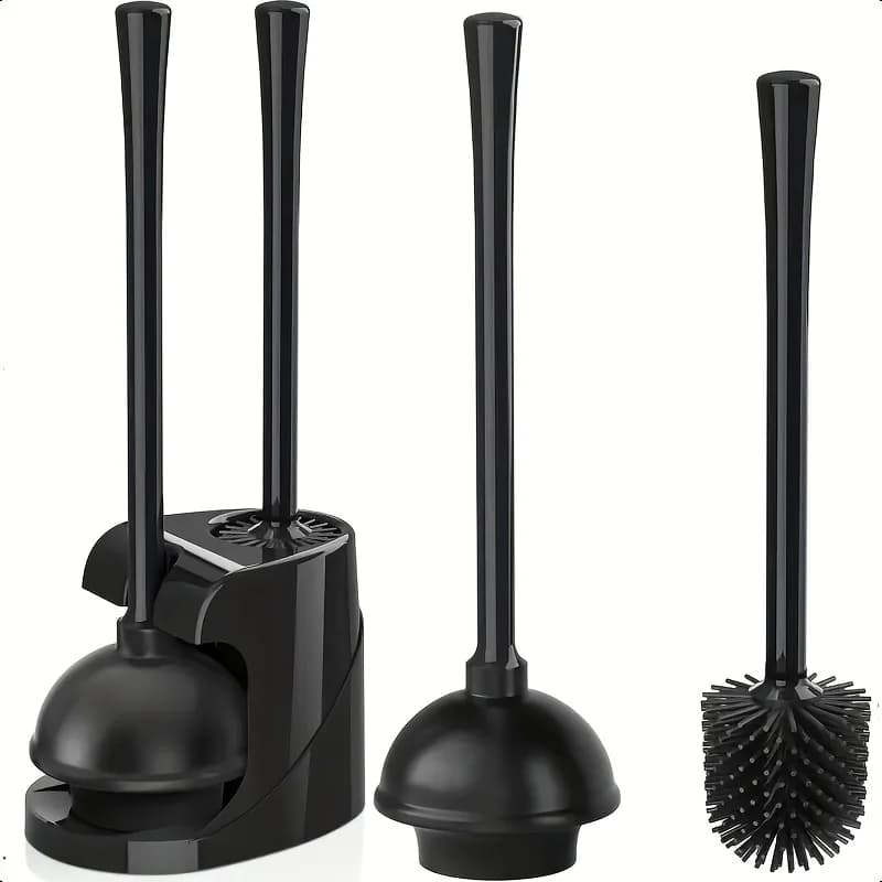 Set scopino per WC 2 in 1 e stantuffo a manico lungo - Testa rotante, plastica nera resistente, kit di strumenti per la pulizia del bagno indipendente