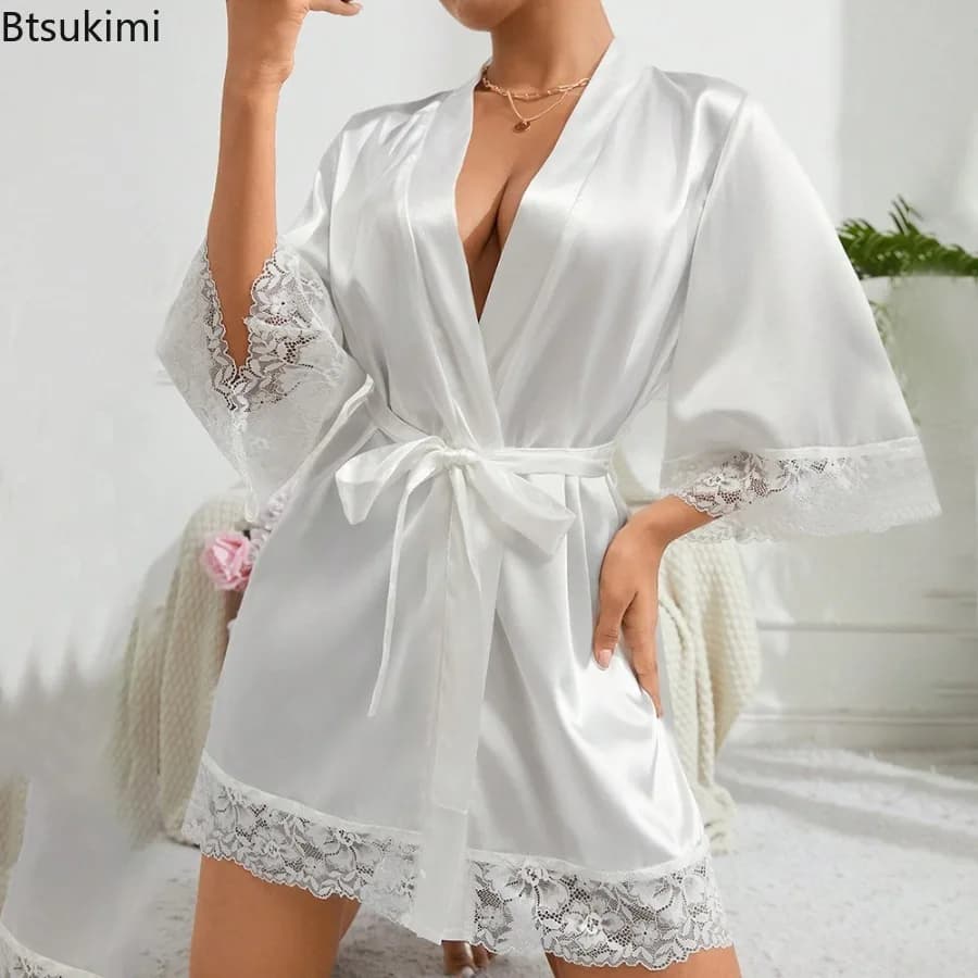Lace Patchwork Bride Bridesmaids Robe Sexy Lingerie Women Silk Wedding Party Kimono Robes Nightgown Leisure Sleepwear Bathrob
