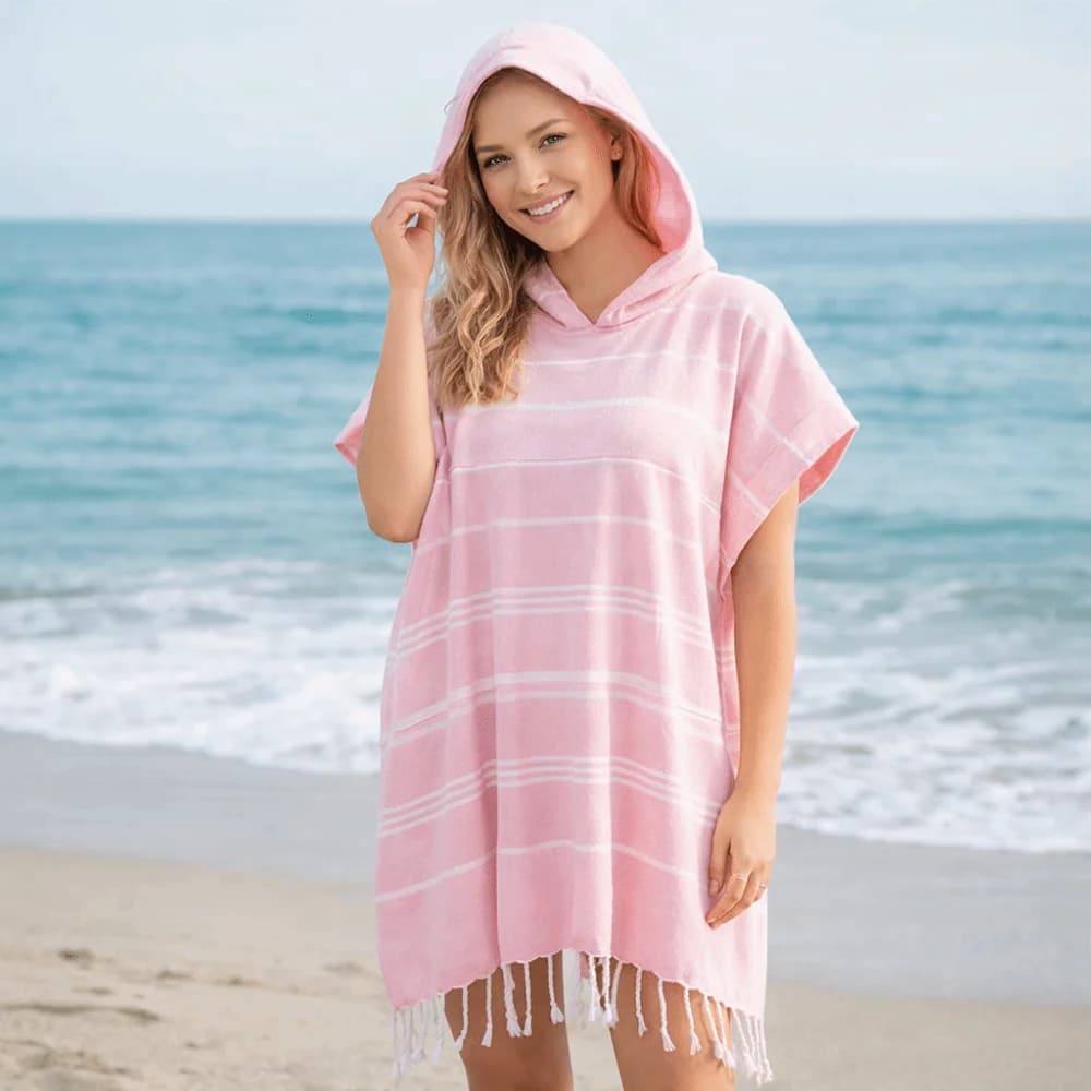 Poncho da Spiaggia con Cappuccio Anti-Sabbia, Morbido Cotone a Righe, Asciugamano da Viaggio e da Bagno