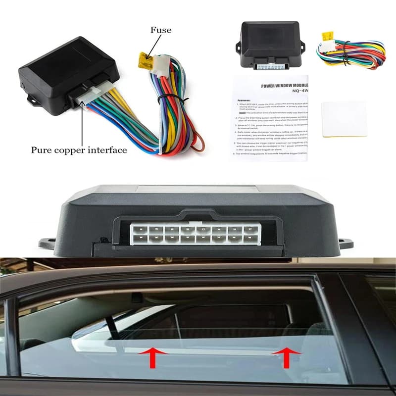 Modulo universale nero da 12V per il controllo e l'apertura/chiusura dei finestrini auto, per auto a 4 porte, con cablaggio.
