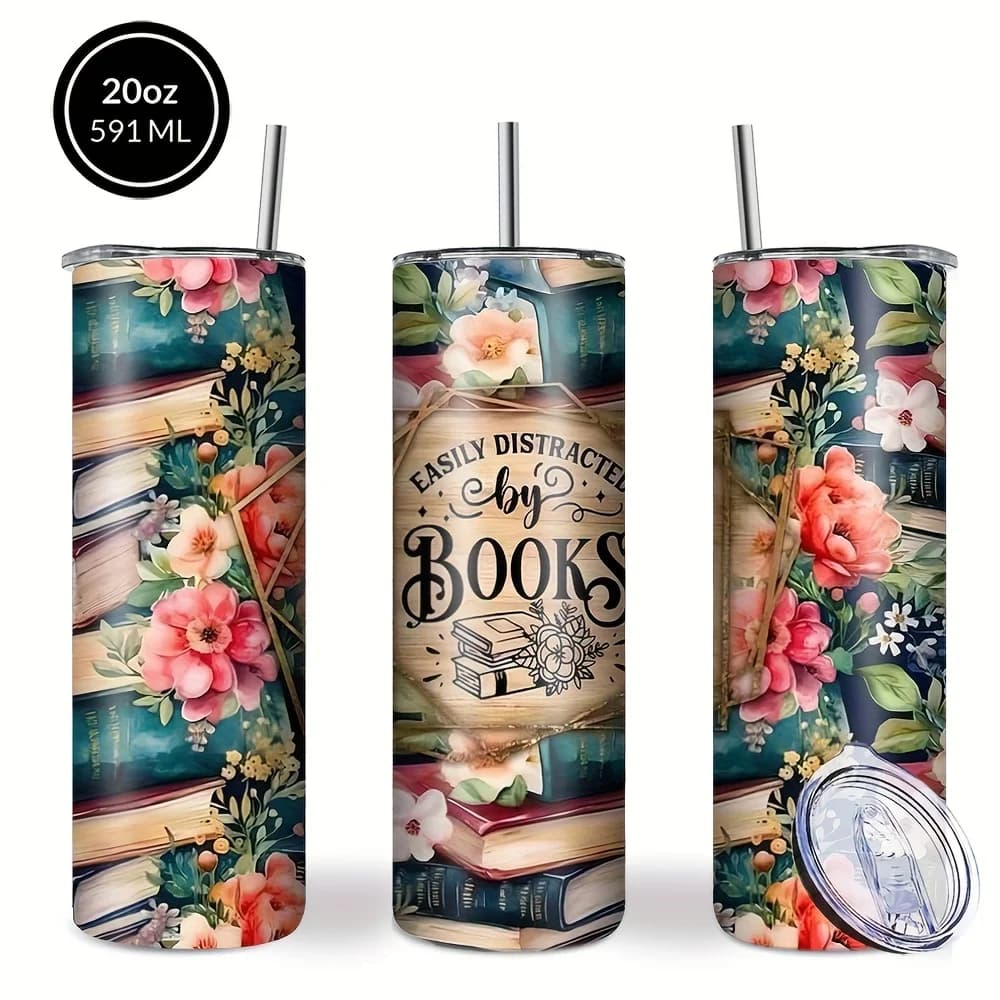 Decorazione del libro Tazza per auto con stampa floreale, 1 bottiglie d'acqua isolanti in acciaio inossidabile da 20 once, bicchiere con coperchio e cannucce, adatto