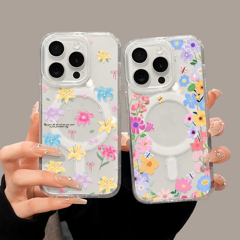 Custodia con Caricatore Wireless a Forma di Fiore per iPhone 17 Pro Max, Cover Magnetica Trasparente per iPhone 16 14 13 12 11 15 Pro Max 17 Air