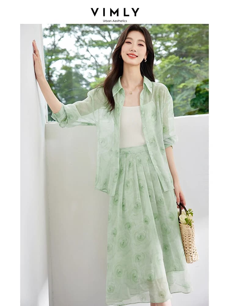 VIMLY Set Gonna e Top da Donna con Stampa Festiva Autunno 2026, Top Casual a Maniche Lunghe con Protezione Solare, Gonne Eleganti con Vita Elasticizzata, Set 2 Pezzi M8115