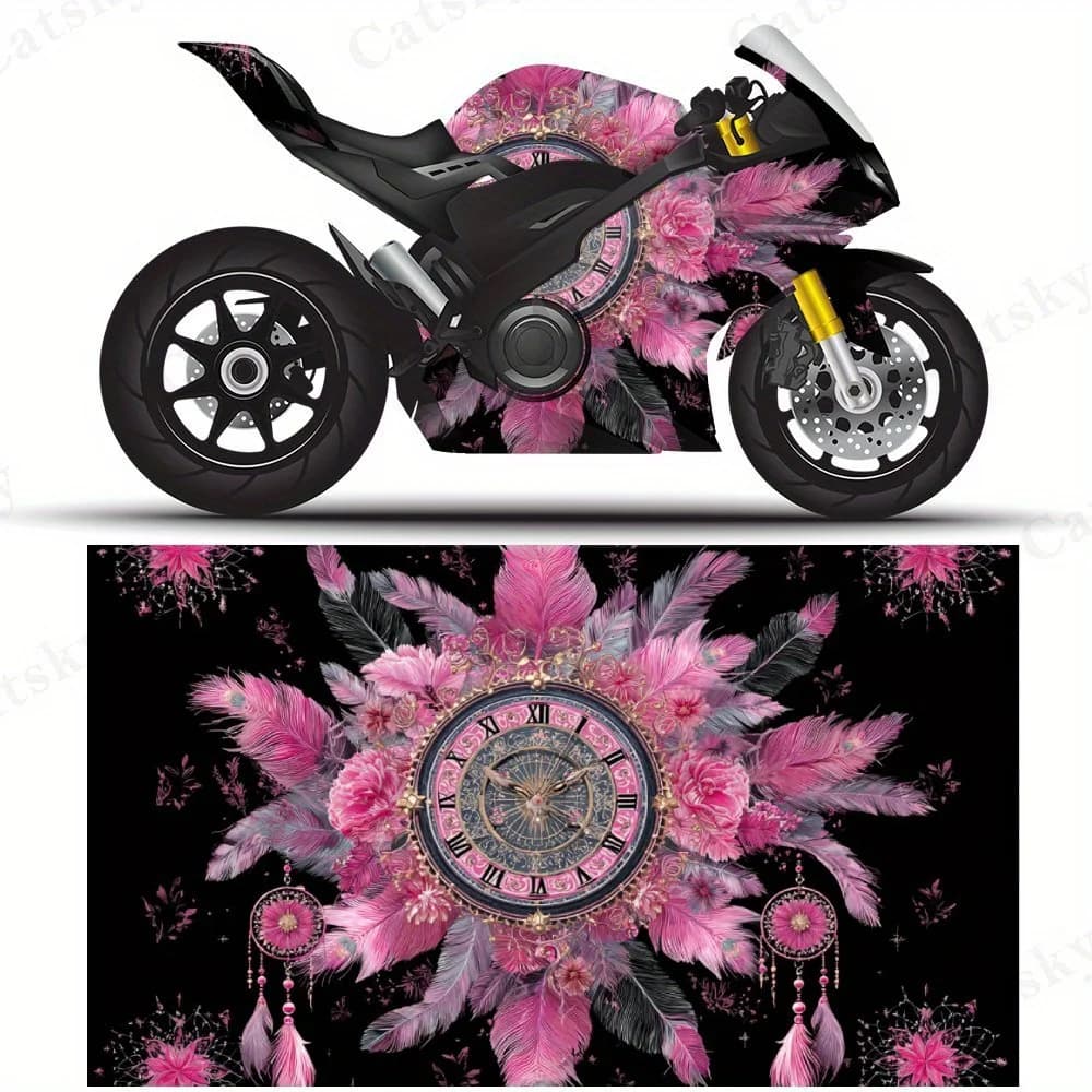 Pink Dreamcatcher Clock Motorcycle Film Stickers, Durable PVC Adhesive Decals for Motorcycle Customization, Weather-Resistant Pr