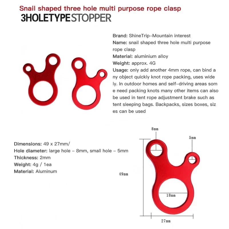 Set di 5 Fibbie a Forma di Lumaca a 3 Fori per Regolazione Tende, Attacco Rapido Antiscivolo per Corde da Arrampicata, Attrezzatura da Campeggio ed Esplorazione all'Aperto