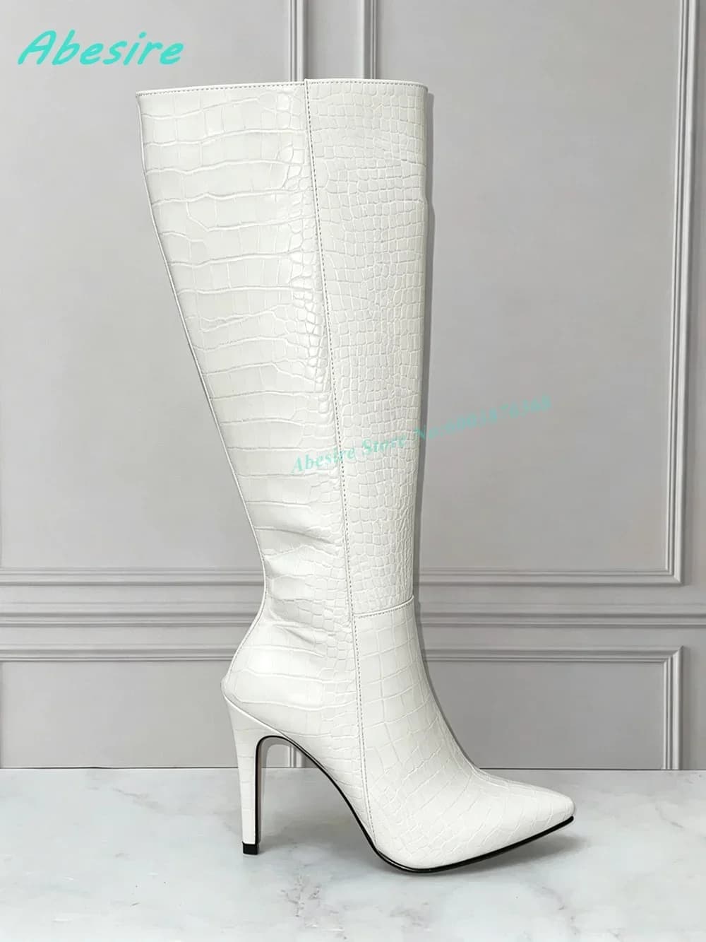 Retro Sexy Daily Party Shoes Pointed Toe Stiletto Heel Side-Zipper Women's Boots Burgundy Crocodile Pattern Knee High Boots