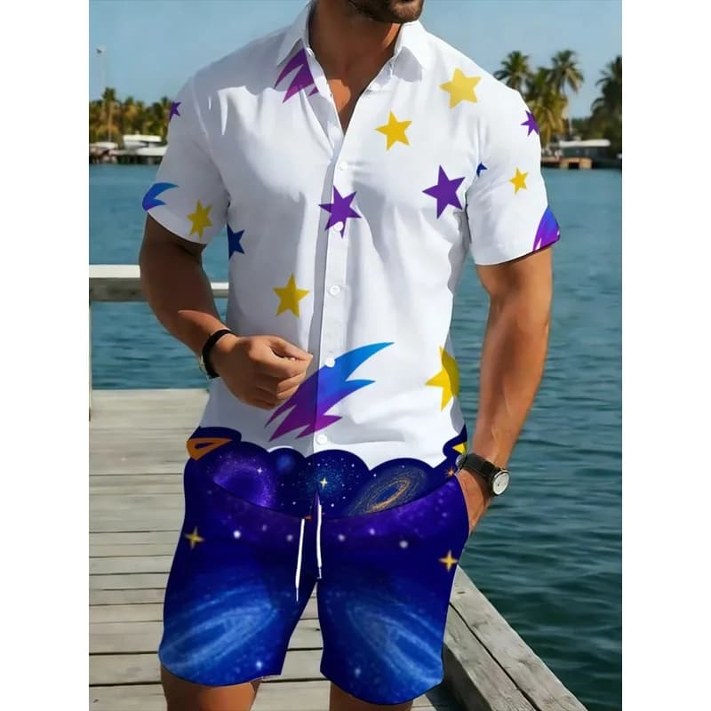 Men's Polyester Star Print Shirt and Shorts Set，Lightweight beachwear，Suitable for outdoor vacations，Vibrant blue and white gala