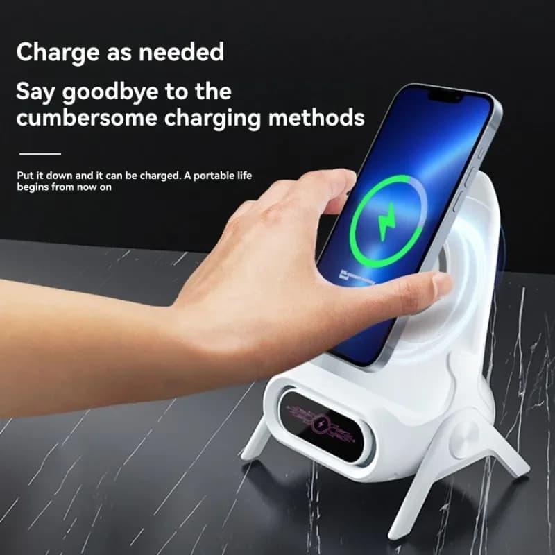 Caricatore Wireless Universale 15W con Supporto per Sedia e Scrivania, Rilevamento Automatico Orizzontale e Verticale, Audio Amplificato per Tutti i Telefoni