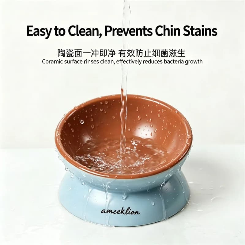 Neck‑Friendly Elevated Ceramic Pet Bowl Tilted Cat Feeding Bowl Prevent Chin Stain Anti‑Slip Food Water Bowl for Kitten