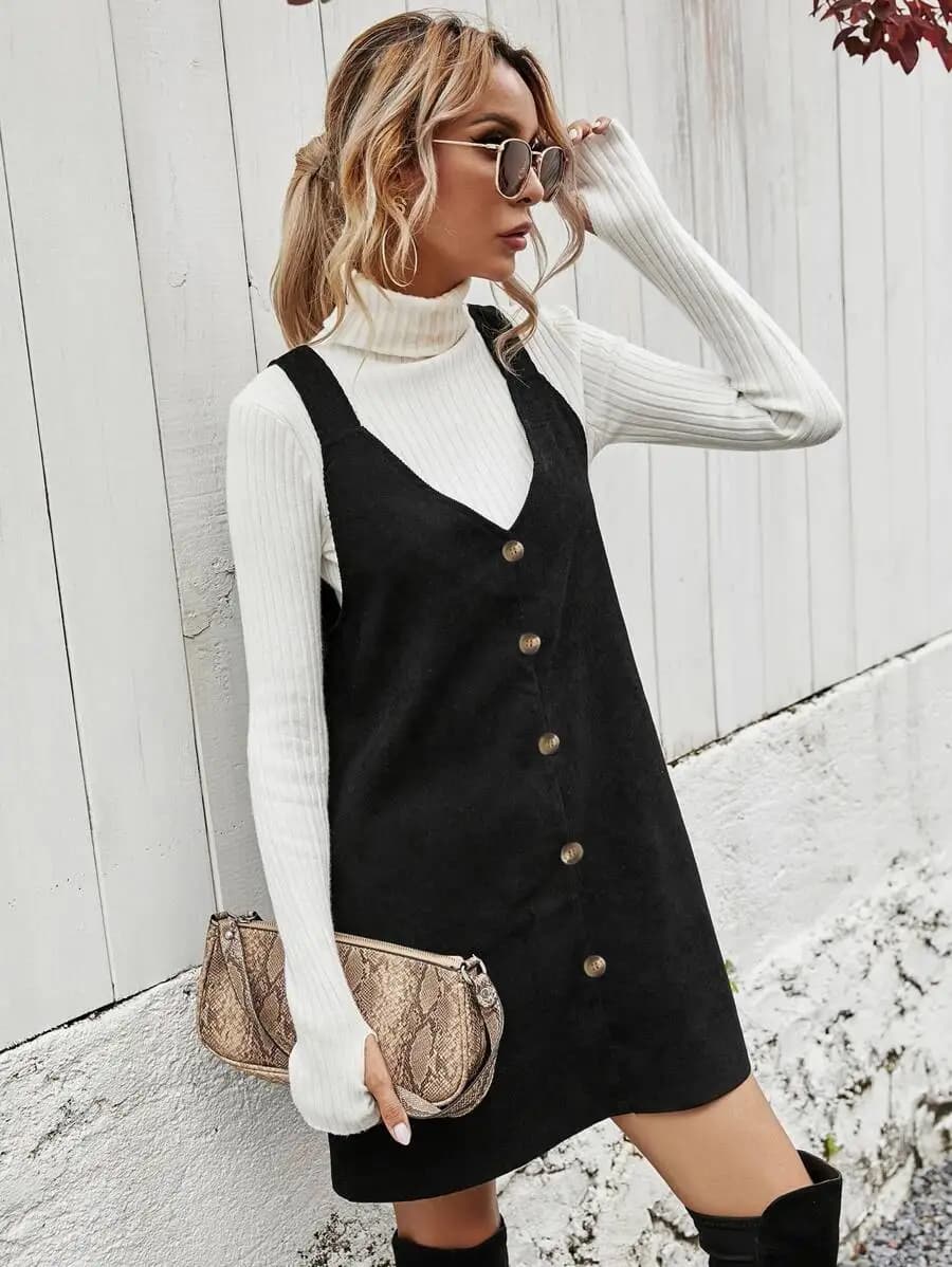 Women's Black Dress Solid Color With Front Buttons And V Neckline, Casual Autumn Winter Style