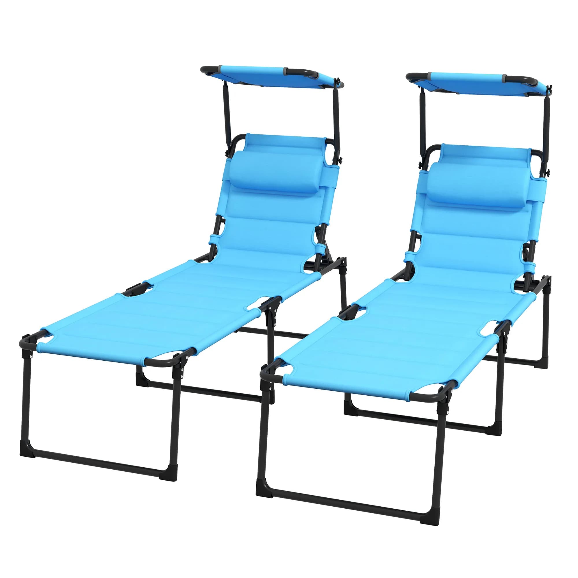 2 sedie lounge da esterno, schienale regolabile in 4 posizioni, pieghevoli, imbottite con tetto parasole e cuscino, blu