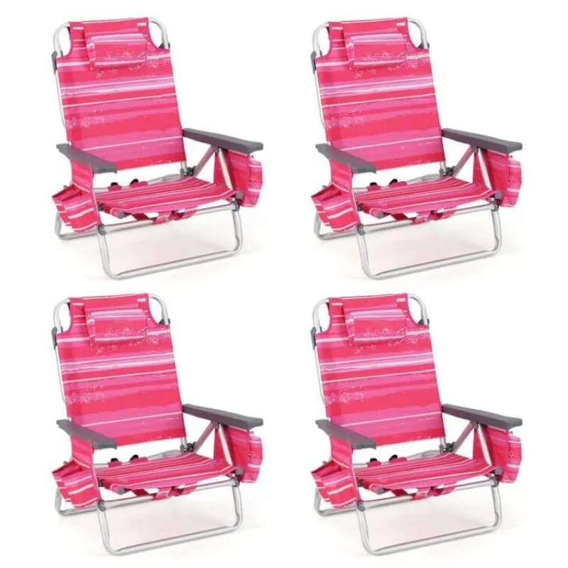 Folding Beach Chair, Patio Sling Chairs with 5 Adjustable Position, Head Pillow, Storage Bag, Towel Bar, Cup Holders, Backpack