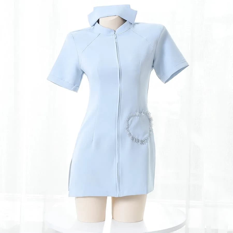 Giapponese sexy cameriera infermiera uniforme tentazione vestito cosplay infermiera sexy rosa blu scollo a V gonna calda cappotto con cerniera vestito set