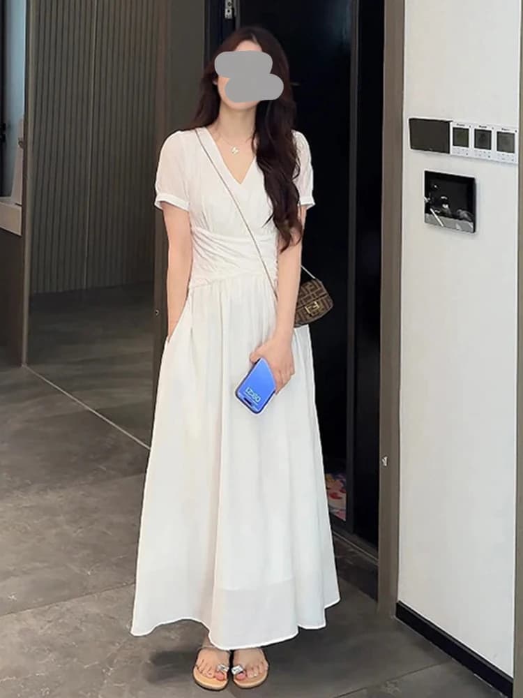 Elegante Abito da Donna con Scollo a V e Maniche Corte, Gonna Lunga Slim Fit a Vita Alta, Stile Estivo Nuovo, Versione Coreana Delicata ed Elegante