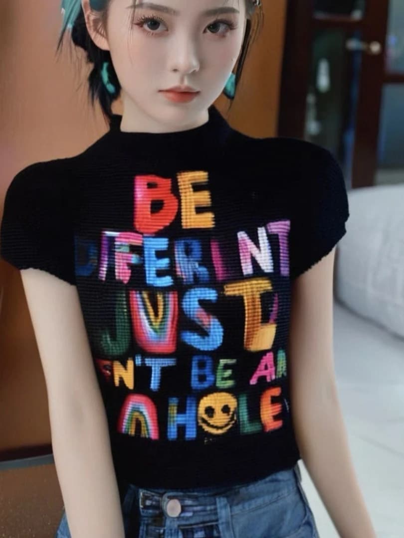 Retro American Print Design Short Sleeve Graphic T-Shirt Women Slim Fit Folded Hem Lettering Trendy Black Summer Top