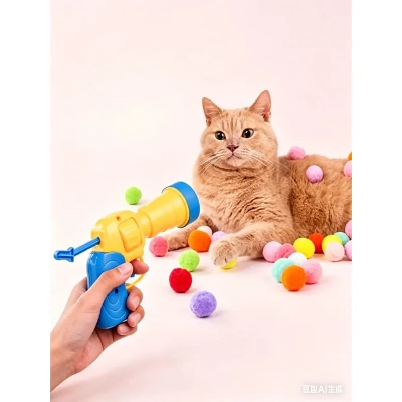 Interactive Cat Toy Set, 1 Automatic Launcher Transmitter & 20 Random Color Plush Balls, Indoor Kitten Exercise Play Accessories