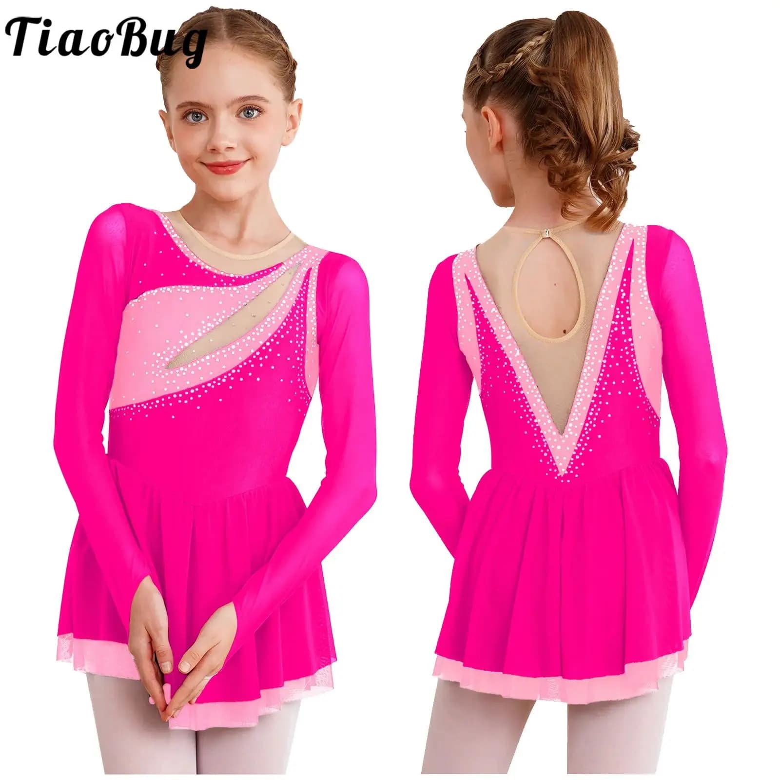 Bambini ragazze figura pattinaggio su ghiaccio Costume maglia trasparente manica lunga body vestito glitterato strass Ballerina Tutu lirico Dancewear
